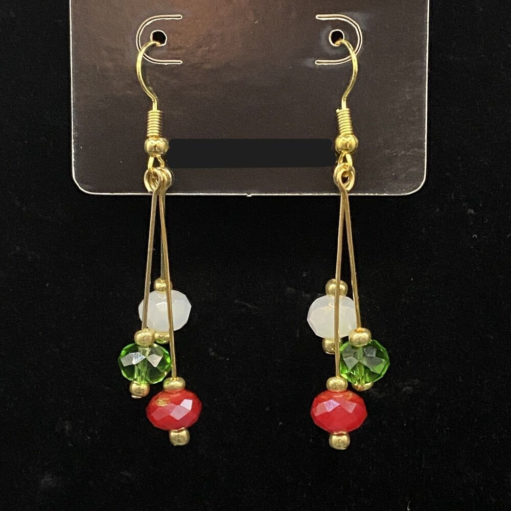 Handmade White Green & Red Crystal Bead Gold Tone Drop Earrings by Neanie-Bot
